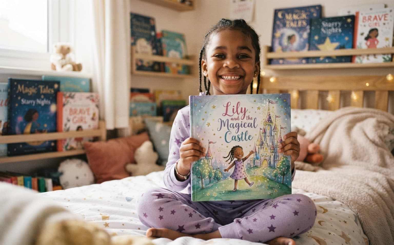 Child smiling on the cover of their own personalised illustrated storybook